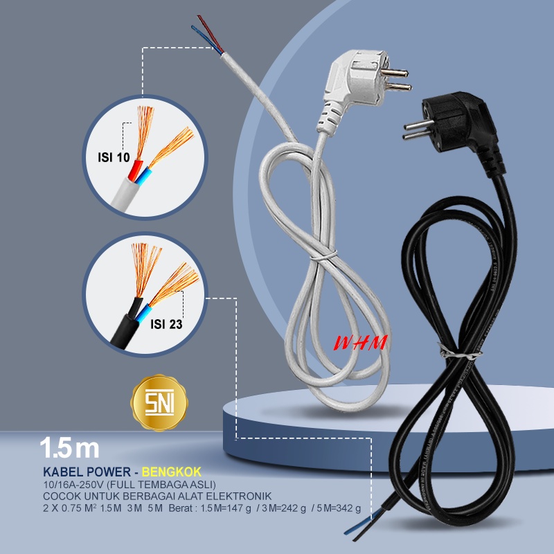 1.5M ASLI TEMBAGA KABEL POWER BENGKOK STEKER COLOKAN 2 KABEL SNI TERSEDIA 3 UKURAN 1,5M 3M DAN 5M PUTIH DAN HITAM