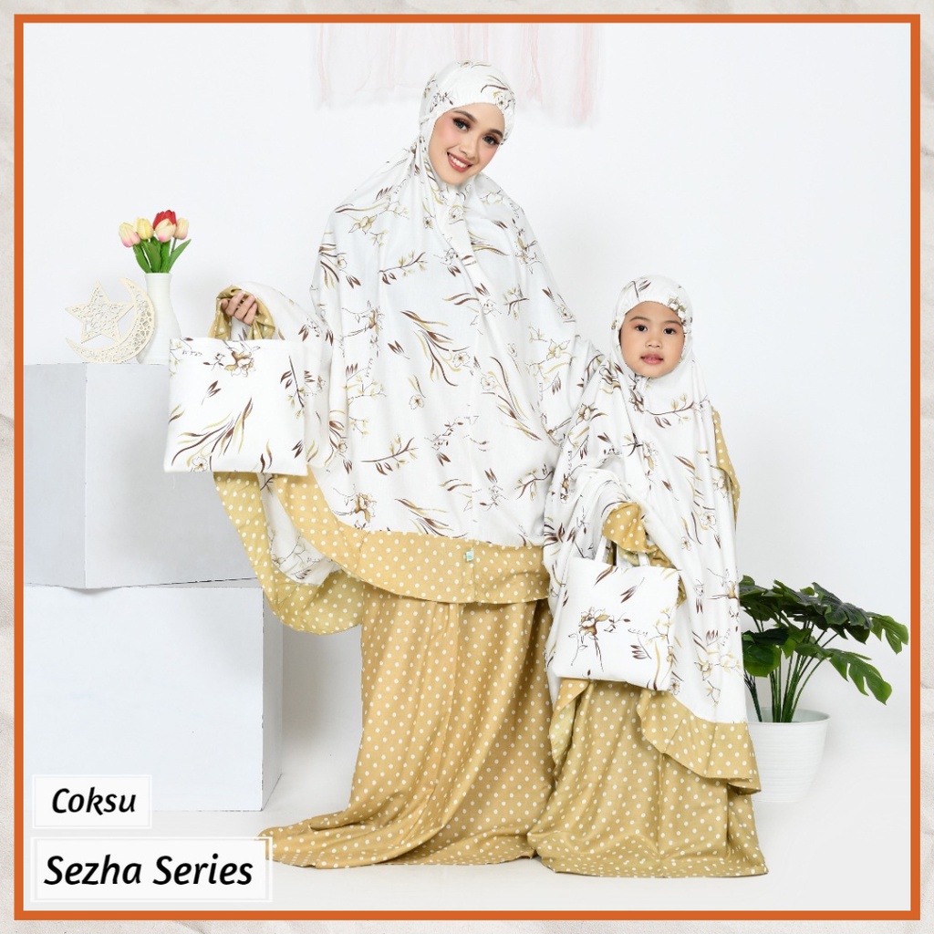 Ezpata Mukena Sezha Couple Ibu &amp; Anak Rayon Premium Motif Bunga Polkadot Kekinian Rukuh Putusan Free Tas