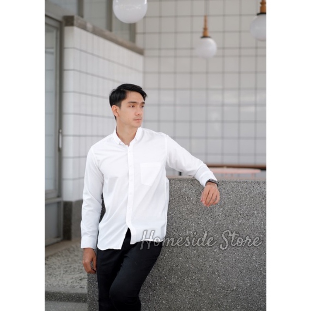 Kemeja Polos Putih Pria Lengan Panjang Slimfit Casual Formal