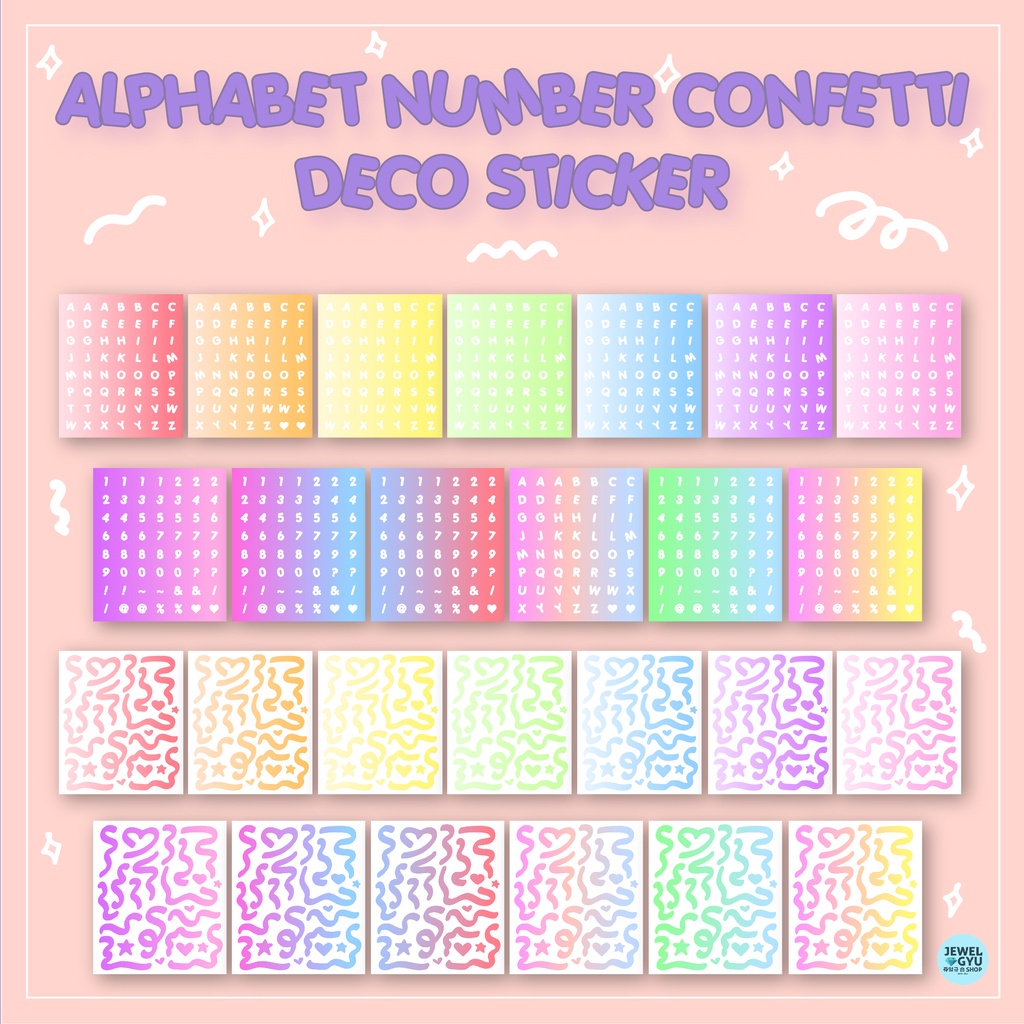 

Alphabet Number Confetti Ribbon Deco Sticker / Stiker Abjad nomor dekorasi Aesthetic Pastel Rainbow Gradient Color