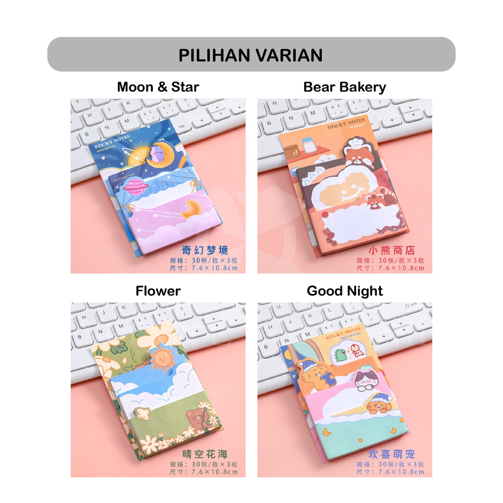 Sticky Notes 3in1 / Stick Note / Stick Maker / Kertas Memo Gambar Karakter Lucu Warna - Warni / Memo Tempel / Pembatas Buku Karakter Isi 90 Lembar