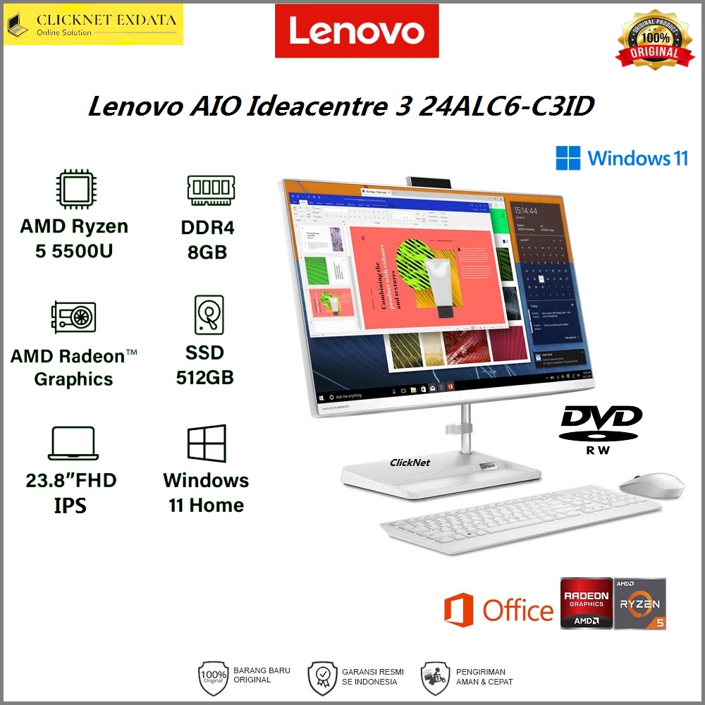 Lenovo IdeaCentre AIO 3 24ALC6-C3ID AMD Ryzen 5-5500U 8GB 512GB SSD W11 OHS
