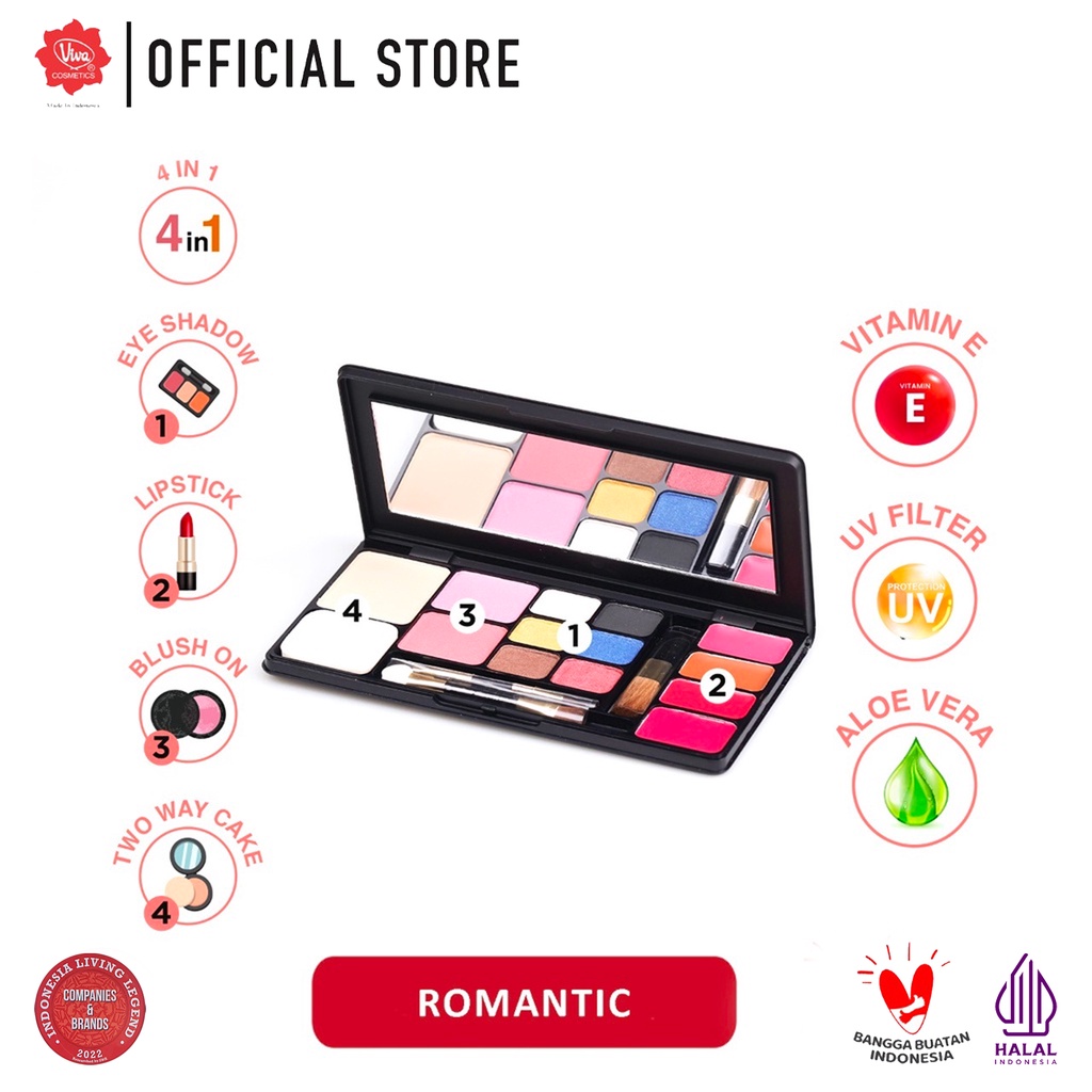 Viva Queen Make Up Kit Romantic - 4 in 1 TWO WAY CAKE, BLUSH ON, EYE SHADOW & LIPSTICK (tersedia 5 k