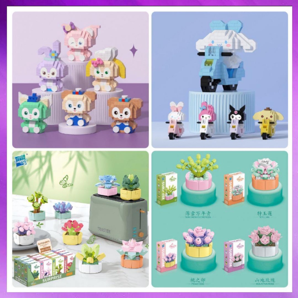 Mainan Balok Susun Karakter Cute Bersepeda kuromi Mainan Anak Lotso / Mainan Edukasi DIY Balok Blok Pink Bear / Nano Block  Hiasan Bunga Flowers Lego 3D Puzzle Brick Mini