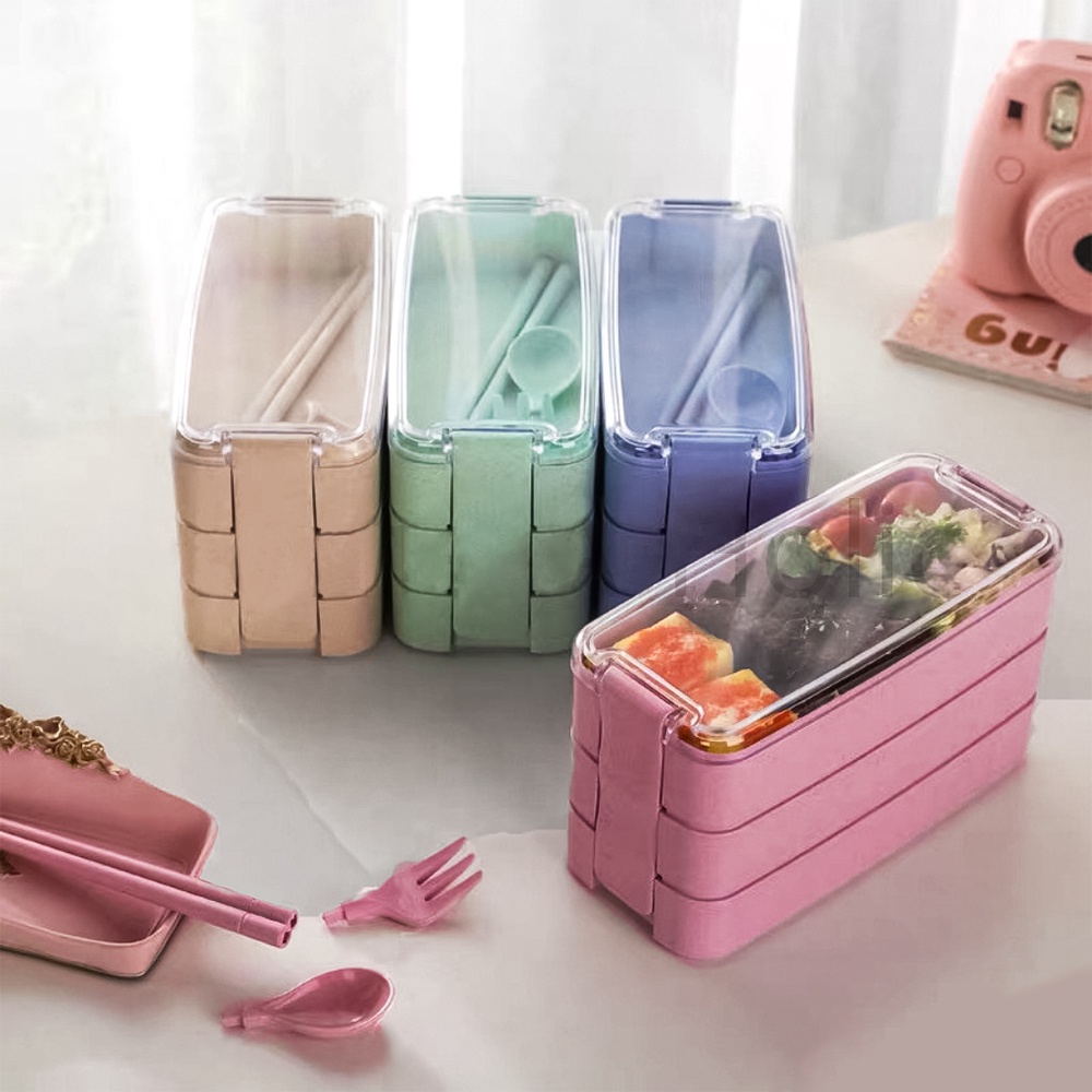 Kotak Makan Set Sendok Garpu Sumpit Tempat Makan Jerami 1 Set Kotak Makan Murah Set Lunch Box