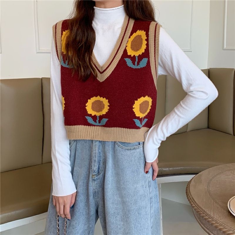 EUNII Korean Style Rompi Rajut Wanita V-neck Knit Vest Atasan Wanita