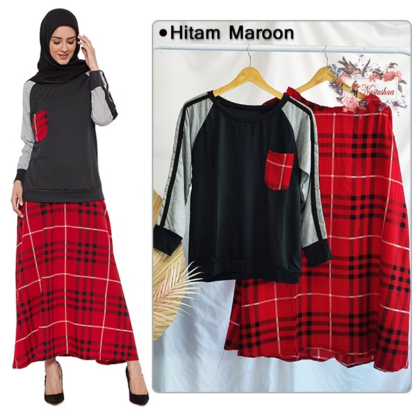 Setelan Cewek Kekinian Atasan Babyterry dan Rok Bubble Crepe / Fashion Set Baju Muslim Wanita Rok Tartan Kotak-Kotak Kaos Lengan Panjang Fit XL
