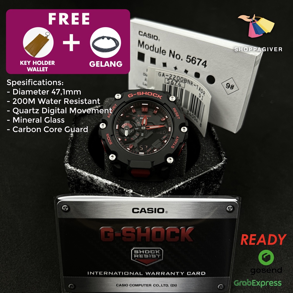 JAM TANGAN PRIA CASIO G-SHOCK ORIGINAL GA-2200BNR-1A / GA-2200BNR-1ADR ANALOG DIGITAL CARBON CORE GU