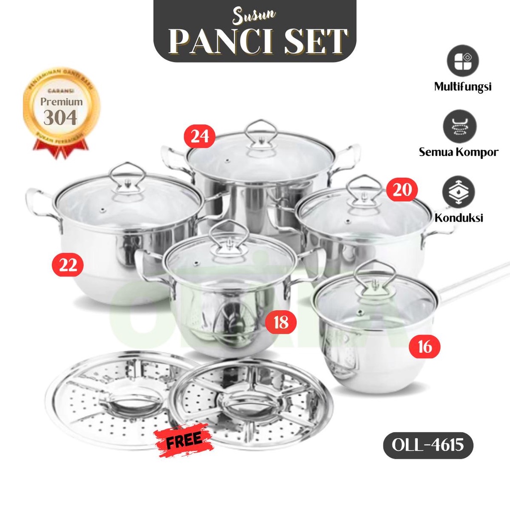 PANCI SET STAINLESS HIGH POT STEAMER + TUTUP KACA 12PCS PANCI STAINLESS STEEL OLL-CH4615