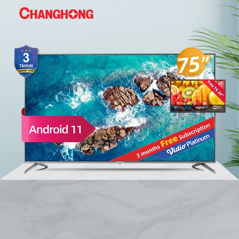 【Beli TV Gratis TV】Google TV Changhong 75 Inch 4K  UHD Smart Digital LED TV-Google Assistant-UHD-Wifi-Netflix (Model: U75F8T Pro)