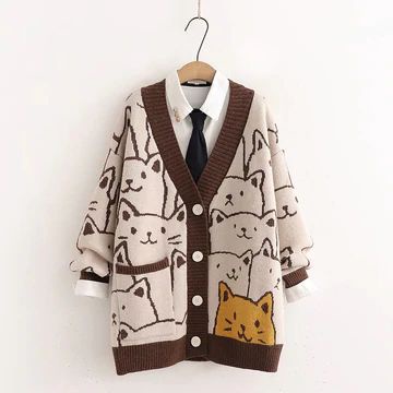 Harajuku Cardigan Cartoon Cat Rajut Knit Outer Premium Tebal