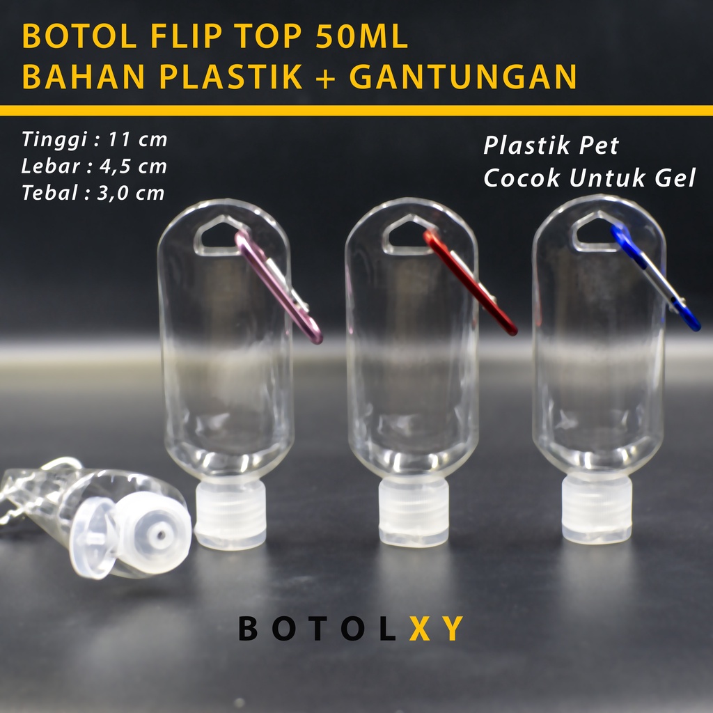 Botol Plastik PET 50ml Flip Top Gantungan Carabiner Gel Hand Sanitizer