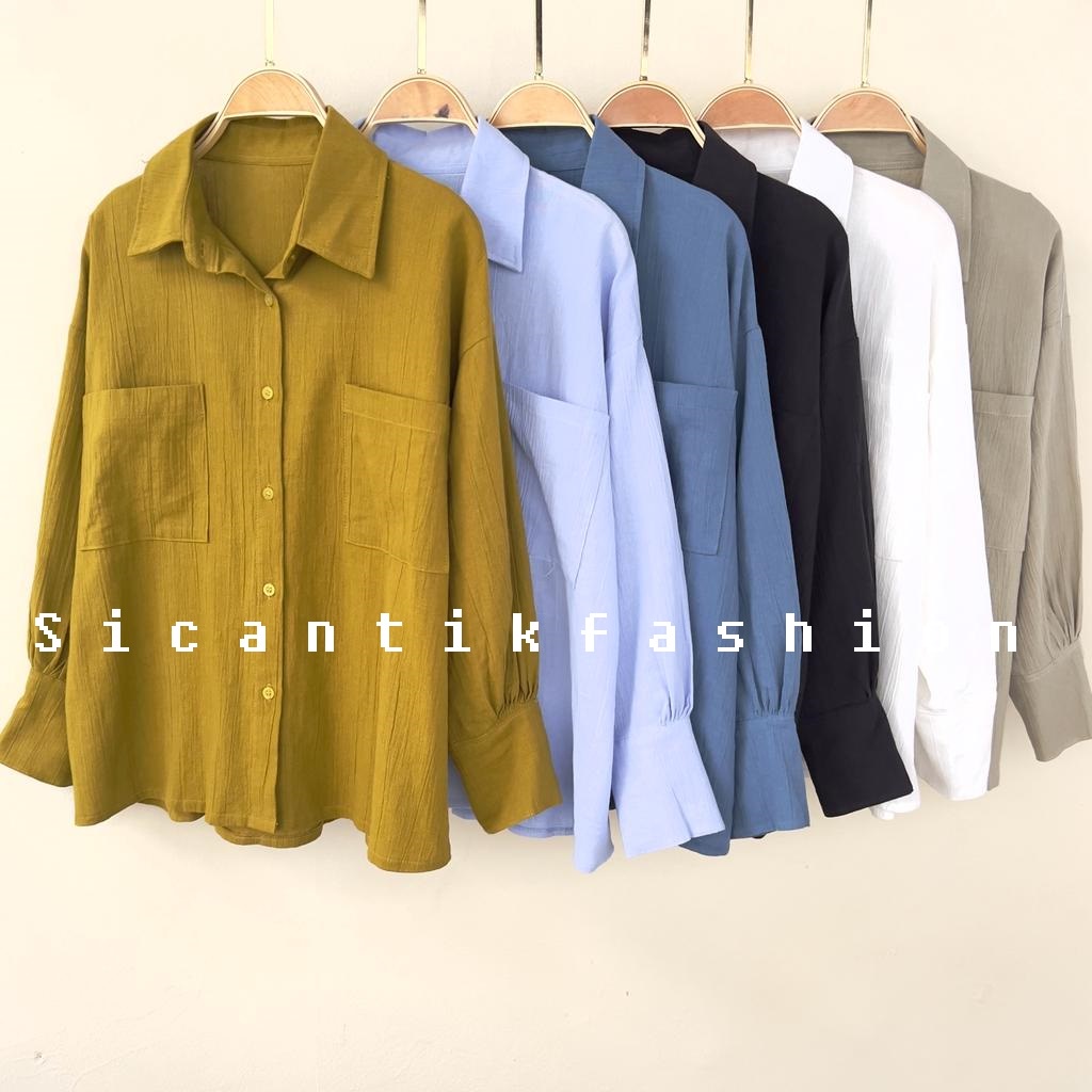 Kemeja Lengan Panjang Gaya Wanita Korea Bahan Linen Crinkle