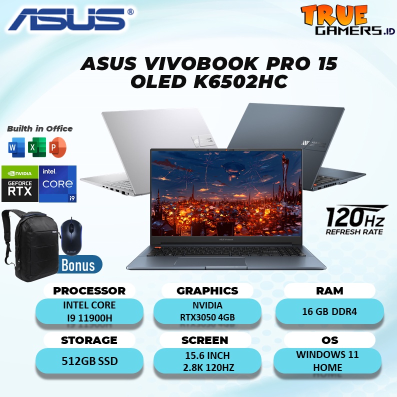 Laptop Asus Vivobook Pro 15 OLED K6502HC RTX3050 4GB intel I9 11900H RAM 16GB 512SSD W11+OHS 15.6 2.8K 120HZ