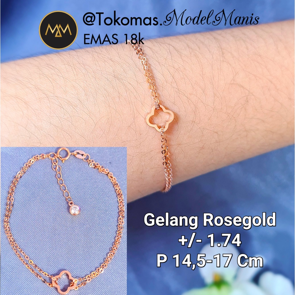 Gelang clover nori layer emas rosegold italy AU 750 kadar 18k