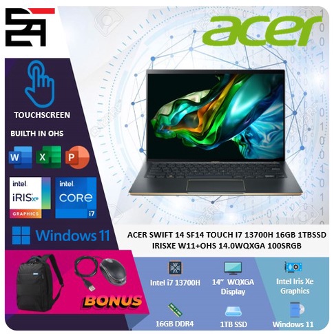 Acer Swift 14 SF14 Touch i7 13700H 16GB 1TB SSD IRISXE W11+OHS 14 Inchi WQXGA 100SRGB