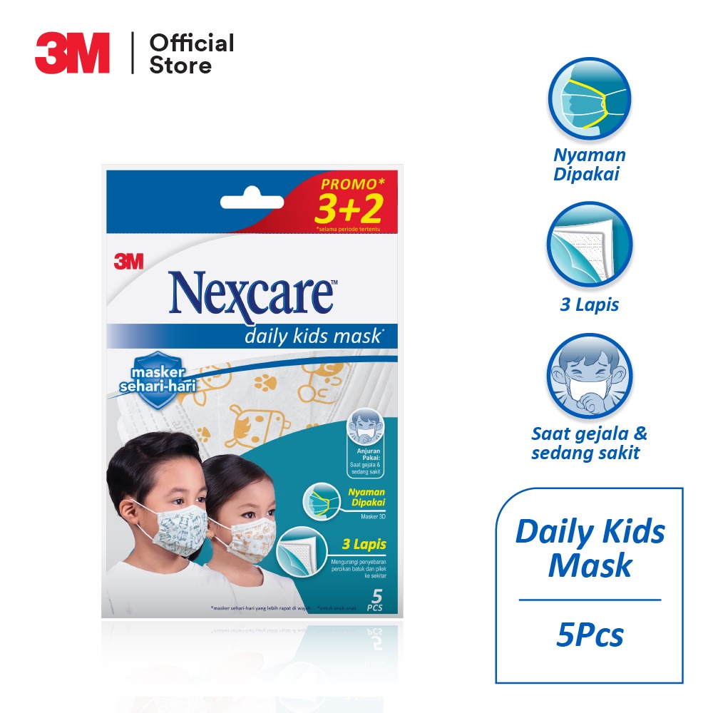 3M™ Nexcare™ Daily Kids Mask, Masker 3 Lapis , 1 pak/ 5 pcs, Untuk pemakaian sehari-hari