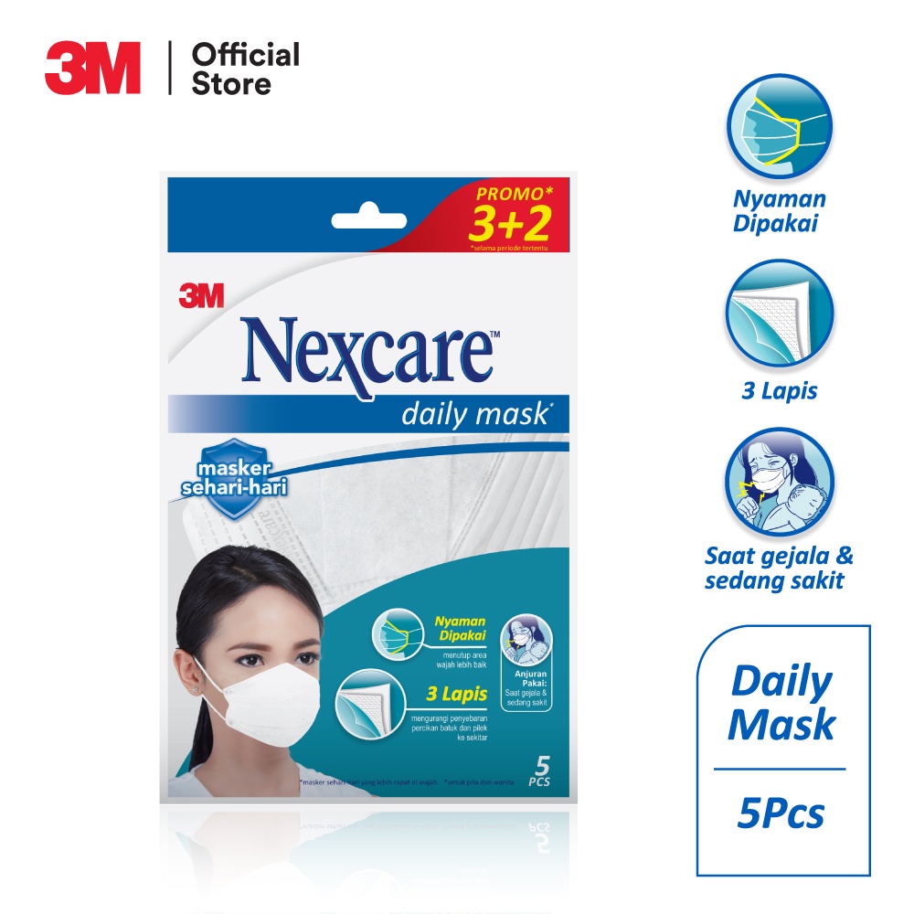 3M™ Nexcare™ Daily Mask, 3 Lapis &amp; nyaman dipakai, Untuk pemakaian sehari-hari