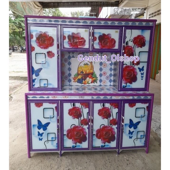 (Khusus Wilayah Kota Palembang) Rak Piring 4Pintu 6Keramik Tiang Warna dan Kaca Motif Lemari Piring/