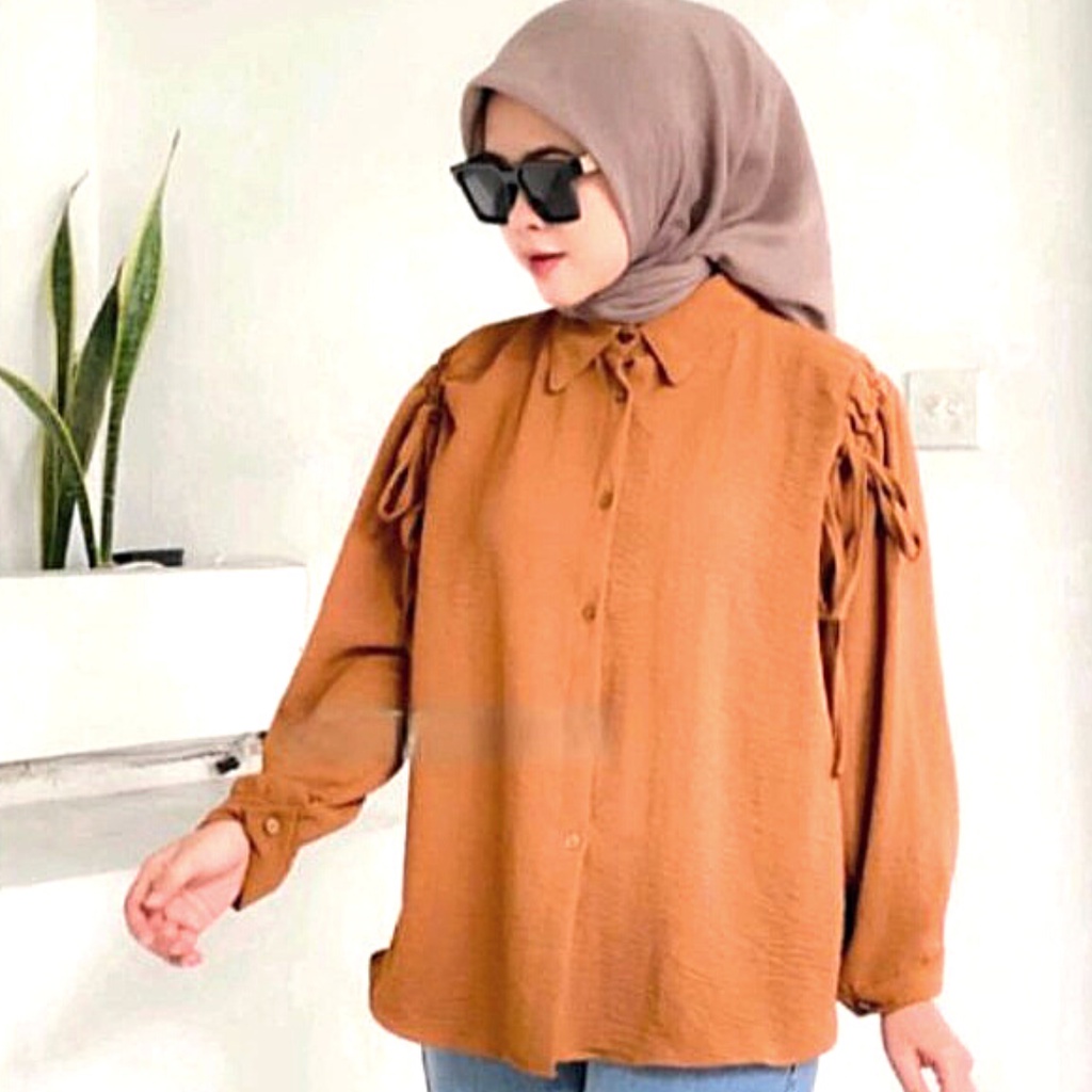 atasan wanita blouse kemeja crinkle airflow premium lengan panjang korean style terbaru baju lebaran kekinian serut bahu busui friendly