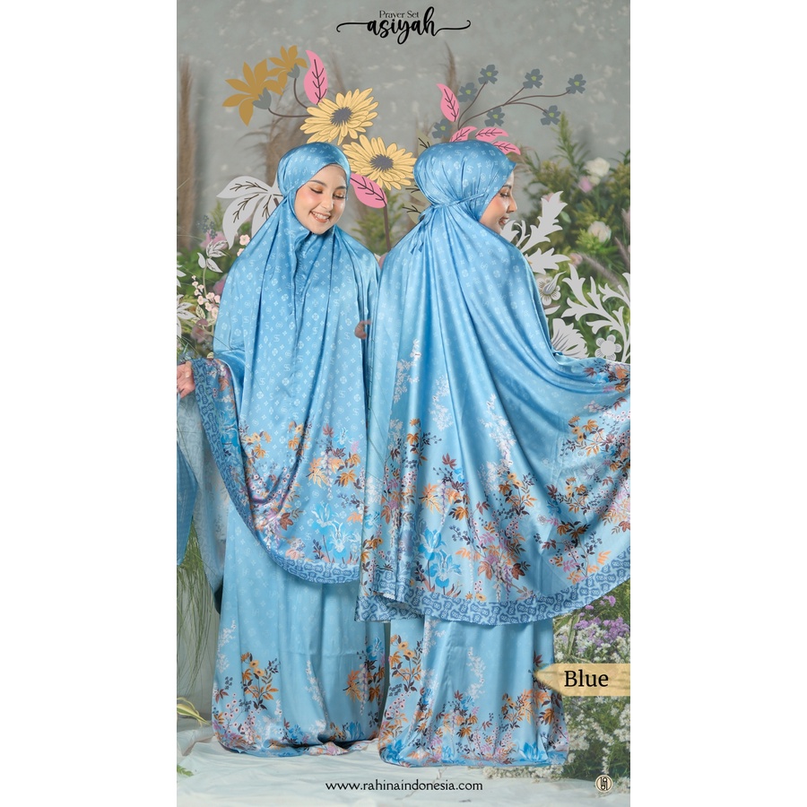 Mukena asiyah mukena dewasa travel satin silk premium motif tali biru muda rahina indonesia