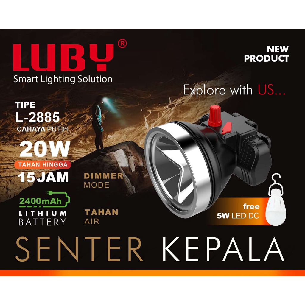 Luby Senter Kepala Super Terang L 2885 LAMPU PUTIH 20 Watt Tahan Air With Dimmer Switch Super LED Rechargeable FREE Lampu 5W LED DC Kabel Bundle 15 JAMM