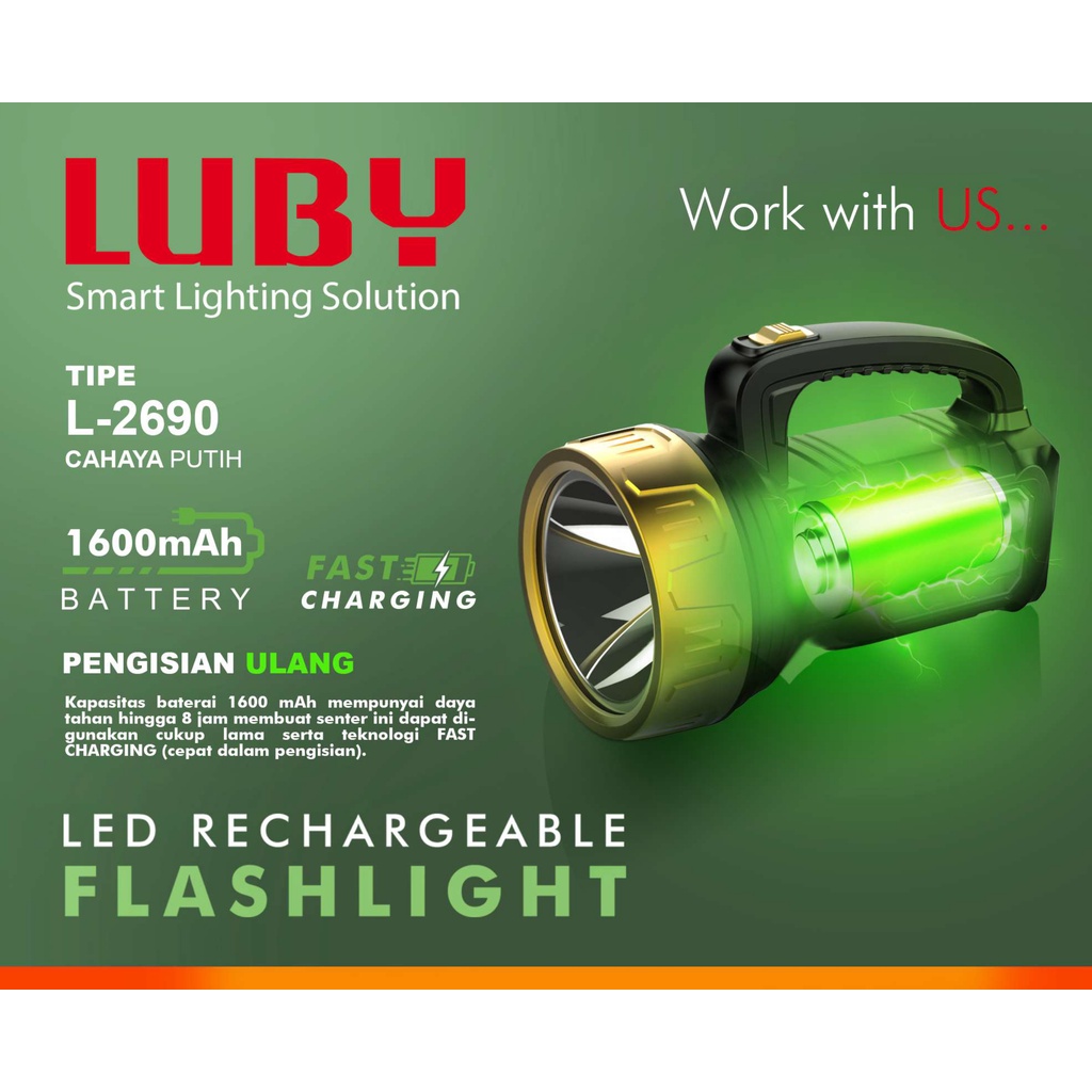 Luby Senter LED Super Terang 2 in 1 FAST CHARGING L-2690 LED 12 Watt + Light LED 5W SMD PUTIH Rechargeable