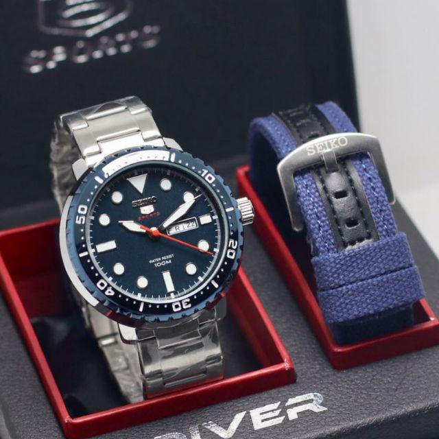 Jam Tangan Pria Sport Seiko Diver BR4062 Tali Rantai Free Tali Kanvas Body Bulat Hari Tanggal Aktif