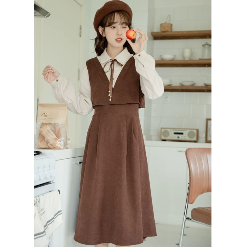 MIDI DRESS KOREA RETRO BROWN