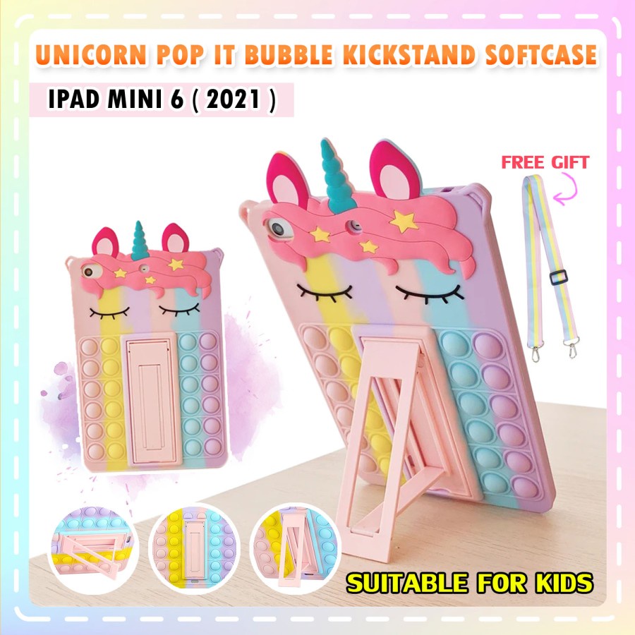 iPad Mini 6 6th 8.3 Gen Softcase Unicorn Stand Casing Bubble Kid Case Soft Case Pop it Kids Cover Ch