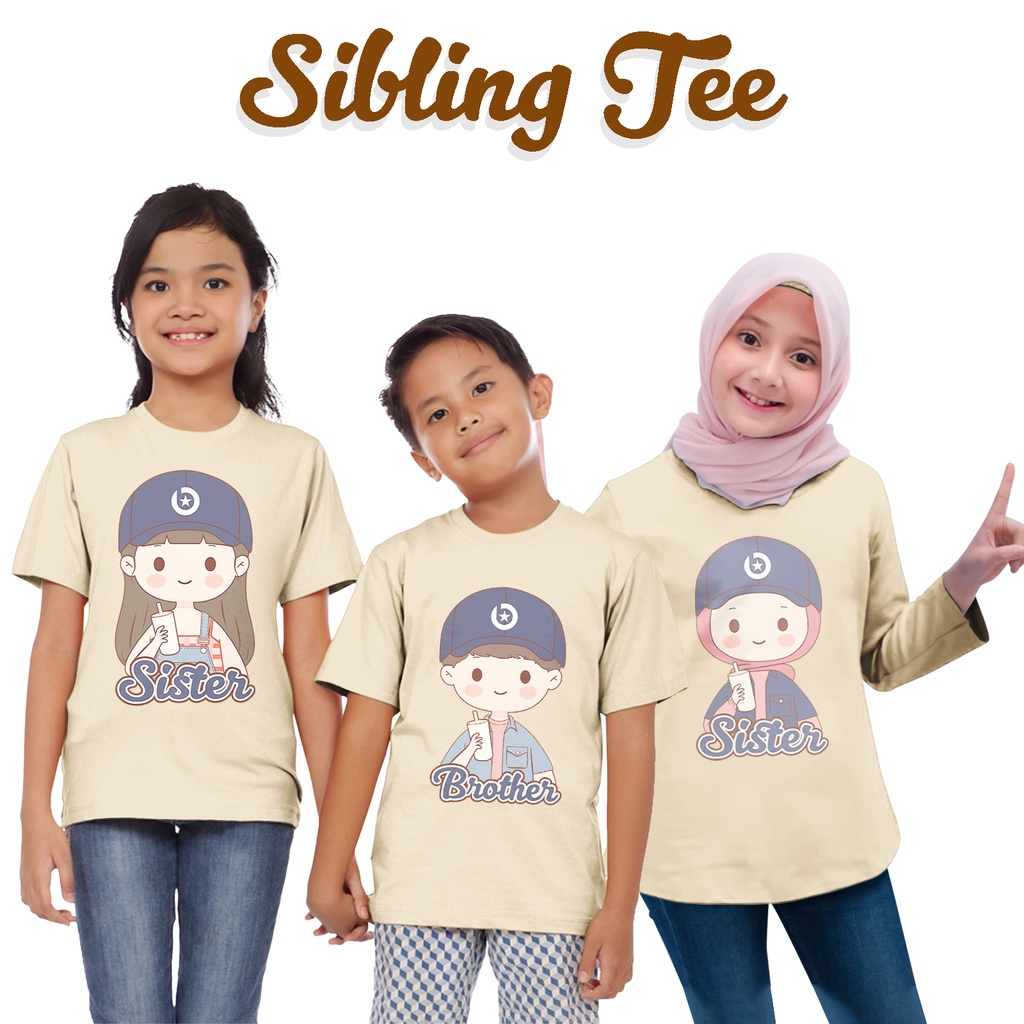 Kaos Couple Anak 1-12 Tahun Laki Laki Perempuan Unisex Sibling Tee Series Brother Sister Coklat Susu