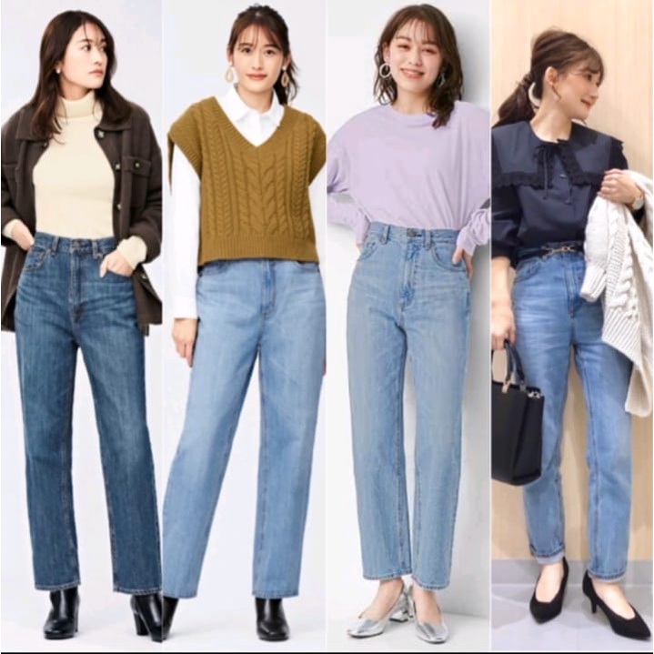 Jeans Wanita Uniqlo BF Mom Jeans High Waist