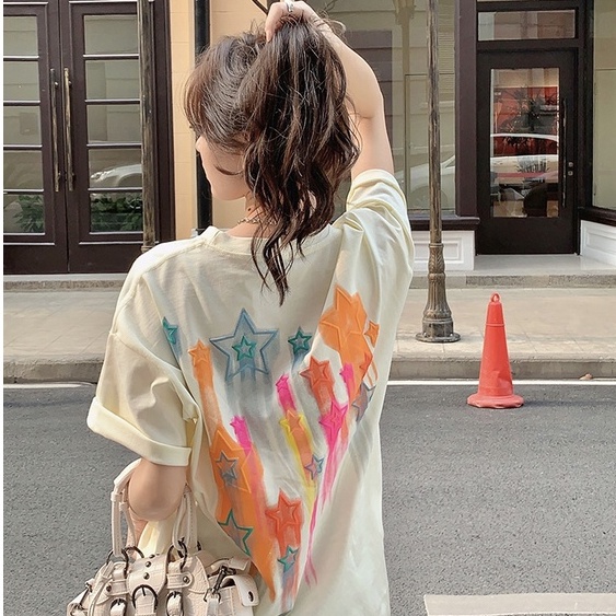 100% cotton baju atasan wanita terbaru kaos lengan pendek oversize star graphic print t-shirt import kaos cream ootd