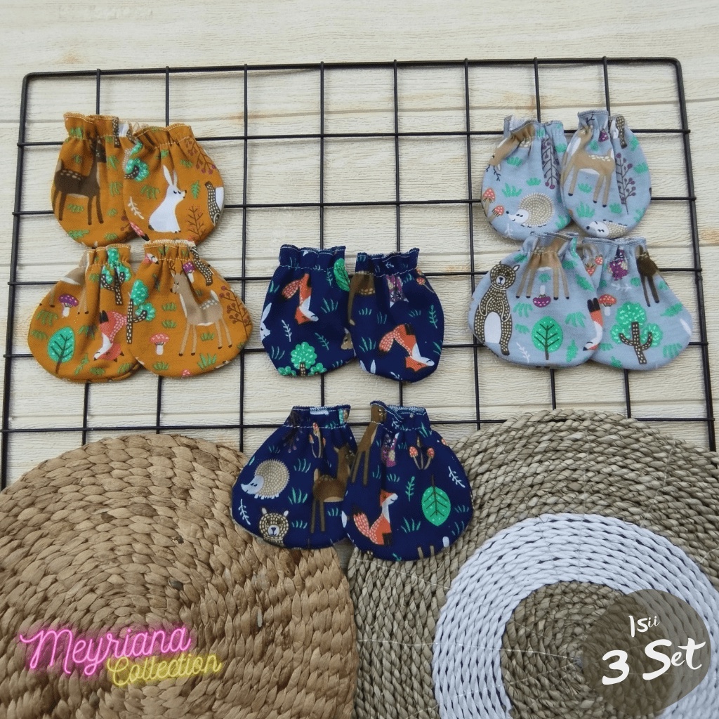 3 Set Sartaki Bayi 3 Sarung Tangan Bayi 3 Sarung Kaki Bayi Motif Printing Animlas Zoo Meyriana Collection