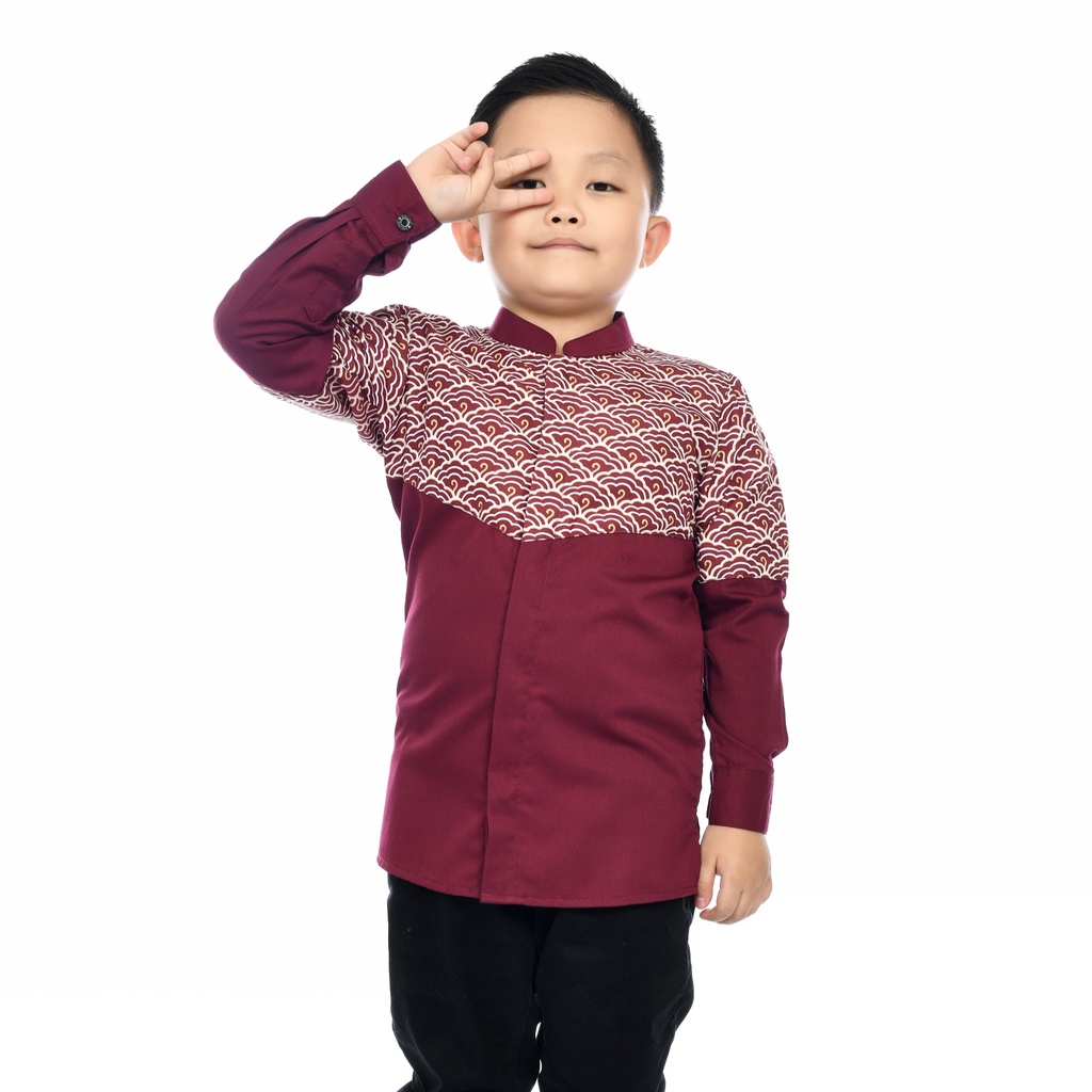 Baju Koko Muslim Anak Laki-Laki Lengan Panjang Kombinasi Motif Batik Toyobo