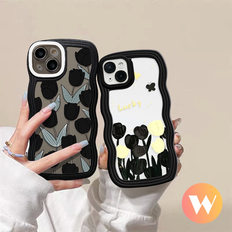 IPHONE Casing Bunga Tepi Bergelombang Kompatibel Untuk Iphone11 13 12 14 Pro Max XR 7Plus XS Max X7 8 6 6s 14 Plus SE 2020 Soft Tpu Tulip Daun Hijau Silikon Phone Cover