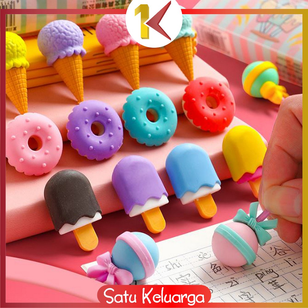 SK-A53 Penghapus Pensil Set 4IN1 Motif Lolipop / Alat Tulis Penghapus Lucu Isi 4pcs Karakter Donat Eraser Ice Cream Import