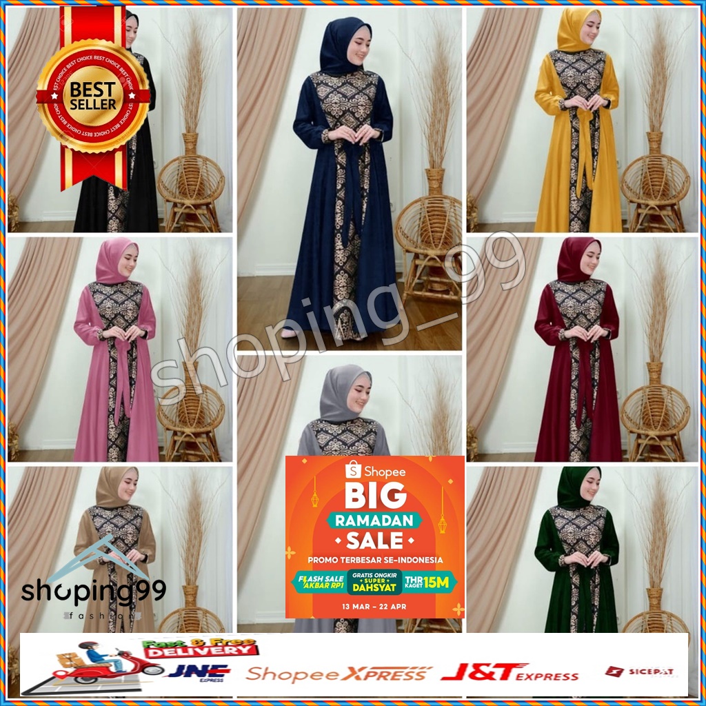 Baju Gamis Batik Kombinasi Polos Remaja Pasangan Keluarga Kapelan Lebaran 2023 Couple Suami Istri Te