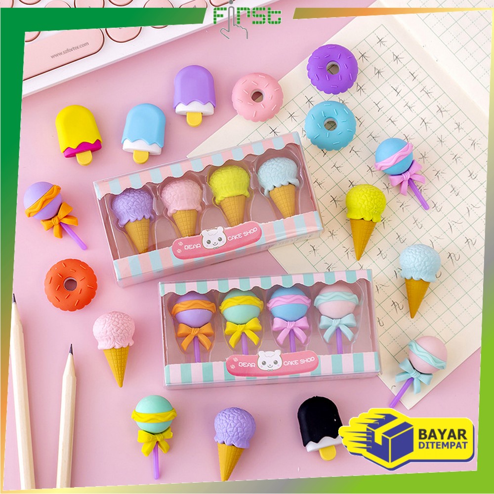 FH-A53 Penghapus Pensil Set 4IN1 Motif Lolipop / Alat Tulis Penghapus Lucu Isi 4pcs Karakter Donat Eraser Ice Cream Import