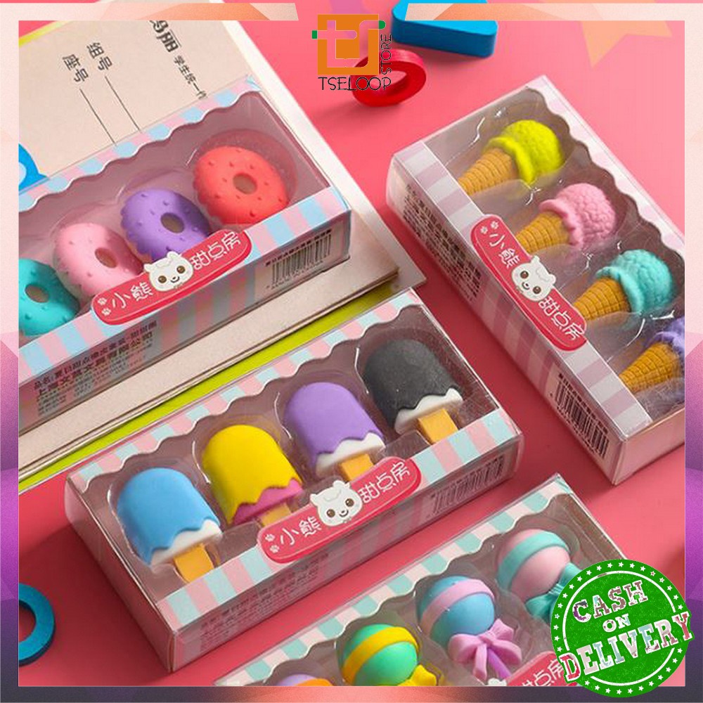 OFM-A53 Penghapus Pensil Set 4IN1 Motif Lolipop / Alat Tulis Penghapus Lucu Isi 4pcs Karakter Donat Eraser Ice Cream Import