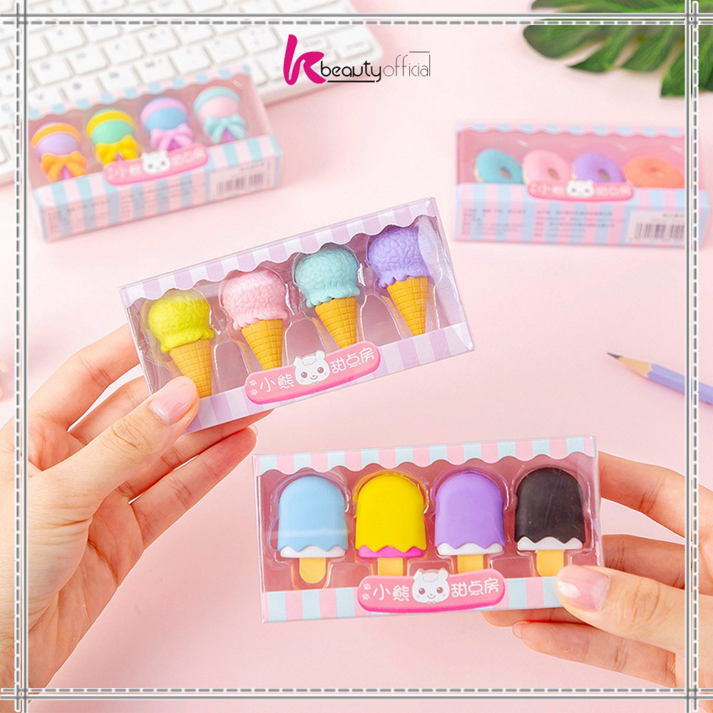 KB-A53 Penghapus Pensil Set 4IN1 Motif Lolipop / Alat Tulis Penghapus Lucu Isi 4pcs Karakter Donat Eraser Ice Cream Import