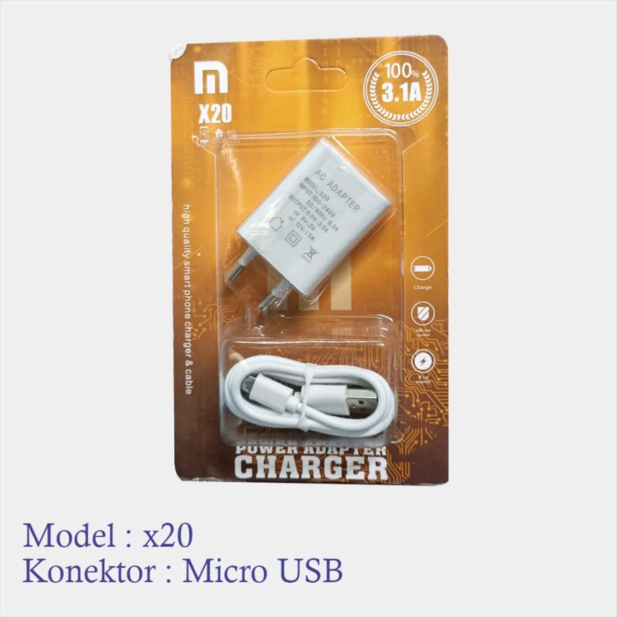 Charger X20 Output Max 3.5A type Micro Usb Panjang Kabel 1M