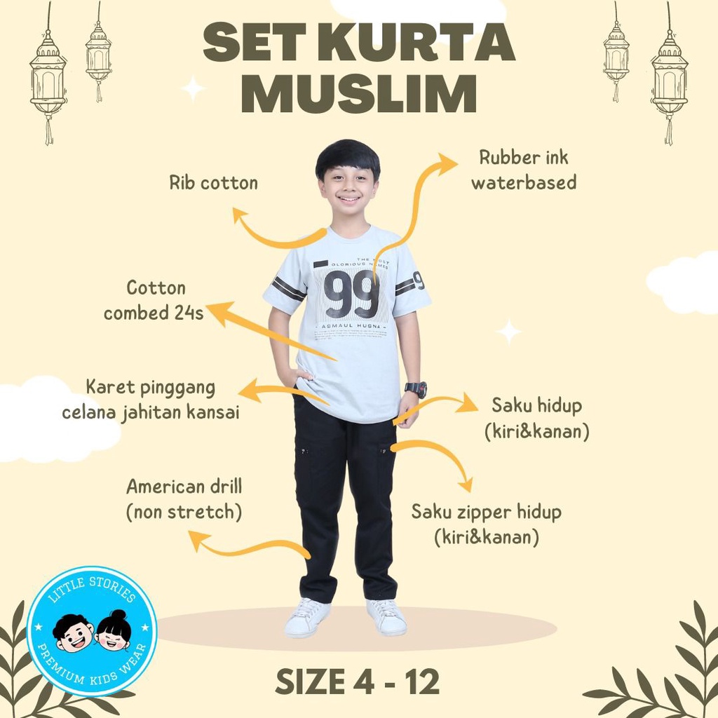 Set Kurta Muslim Little Stories Anak Laki Laki - Koko Setelan Celana Panjang Lakilaki - Baju Cowok Baju Pendek Usia 4 Sampai 12 Tahun