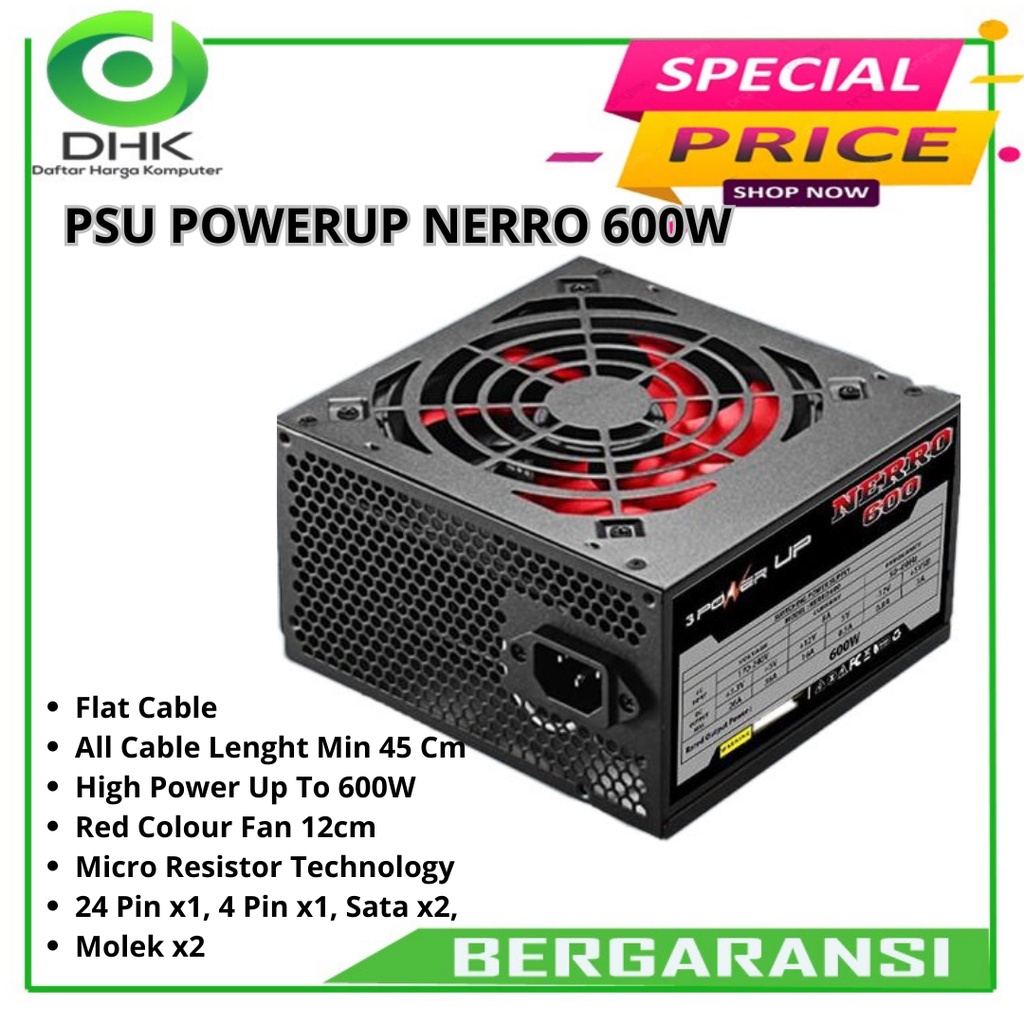 Power Supply ATX NERRO 600W PowerUp FLAT CABLE BLACK