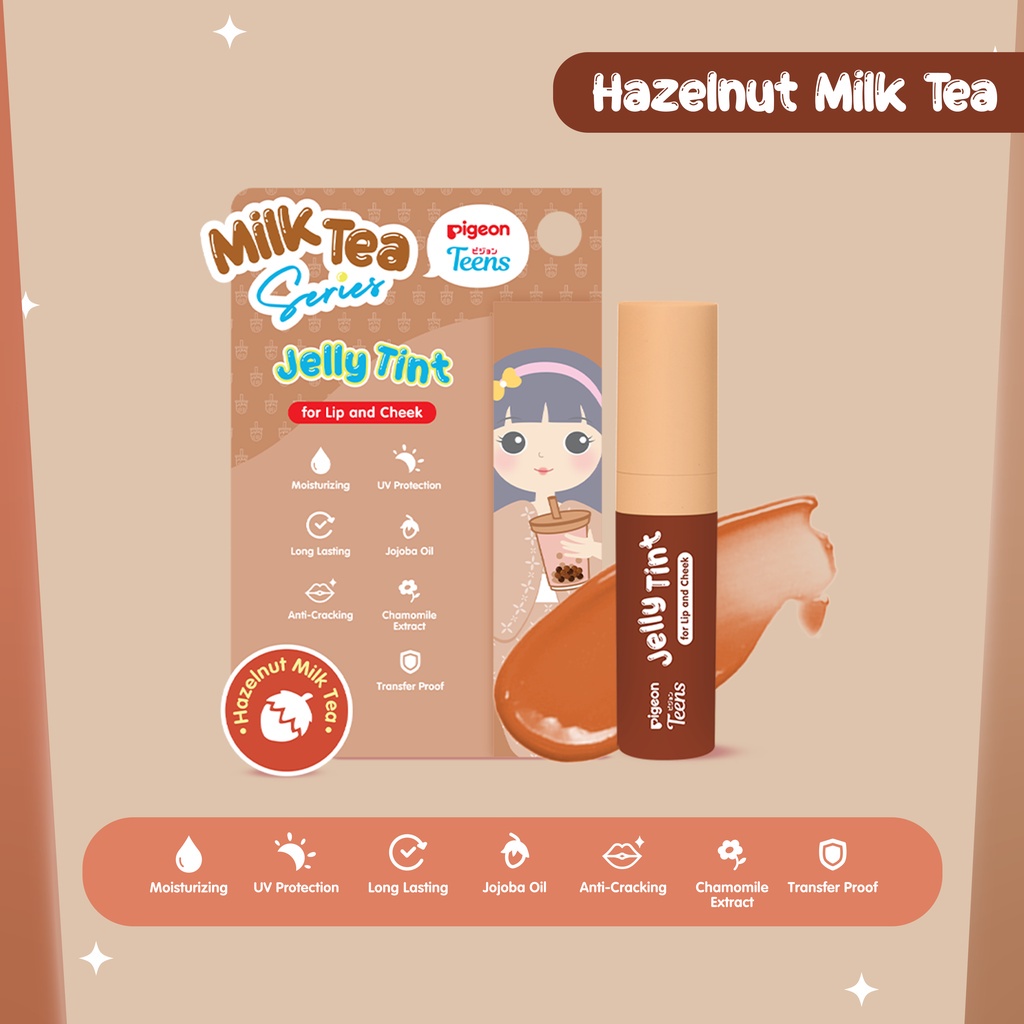 PIGEON Teens Jelly Tint Milk Tea Series Indonesia / Lip Tint 2.2g / For Lips and Cheek / Moisturizing UV Protection Long Lasting Cracking Transfer Proof / Caramel Hazelnut Raspberry Cranberry Kiss / Lipstick Lipstik Cream Matte Liptin Cosmetic Anak Remaja