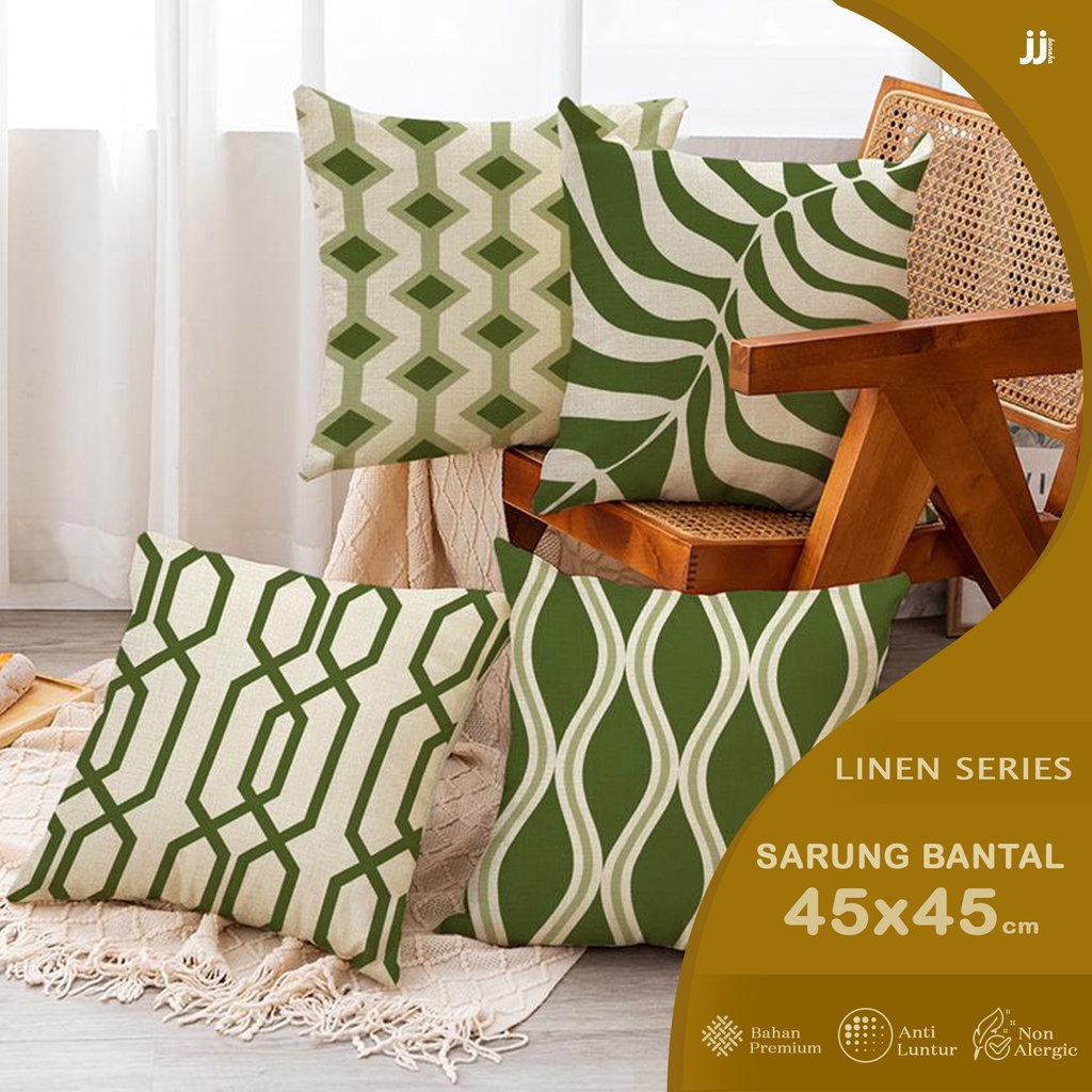 SARUNG BANTAL 45X45 CM LINEN MOTIF ABSTRAK HIJAU OLIVE PUTIH