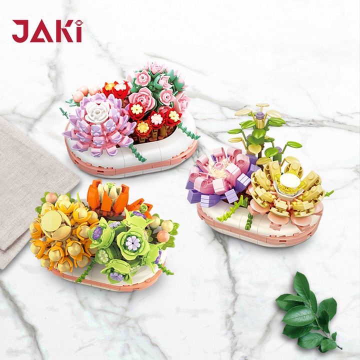 JAKI Mainan Balok Pot Sukulen Blok Bangunan Bercahaya Model DIY Buket Nano Block Flowers