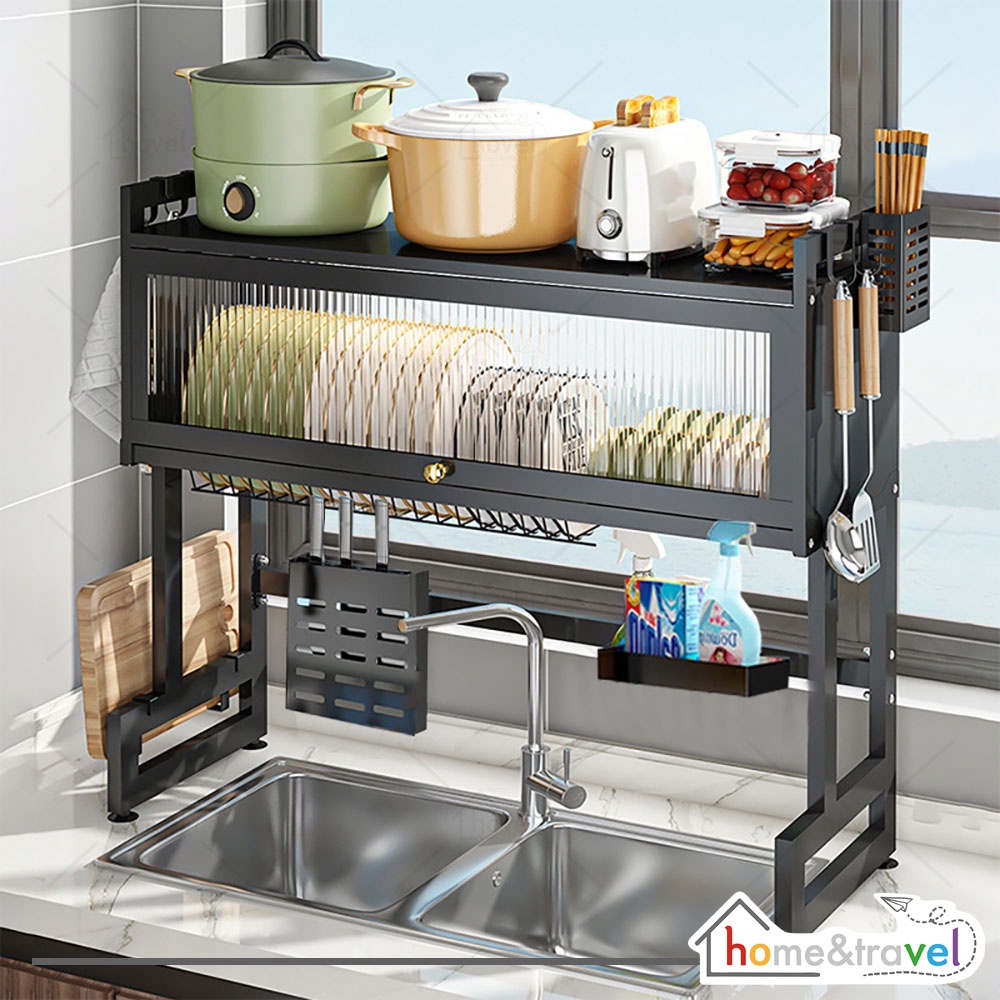 HOVELSHOP Rak Piring Dapur Wastafel Stainless Hitam 2 Susun Pakai Tutup 65cm Premium Anti Karat