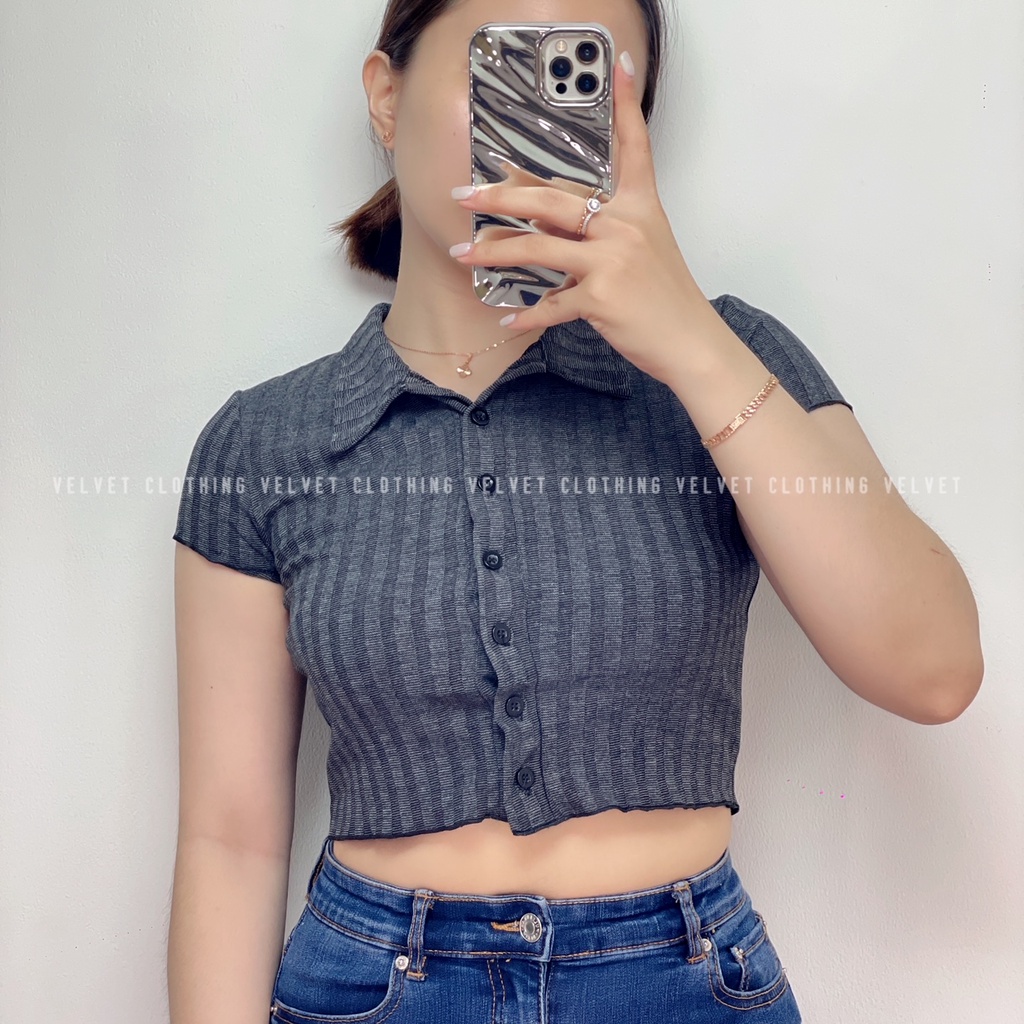 Crop Top Kerah Kancing Rib Knit / Crop Top Button Wanita / Crop Top Rib Kancing 4697