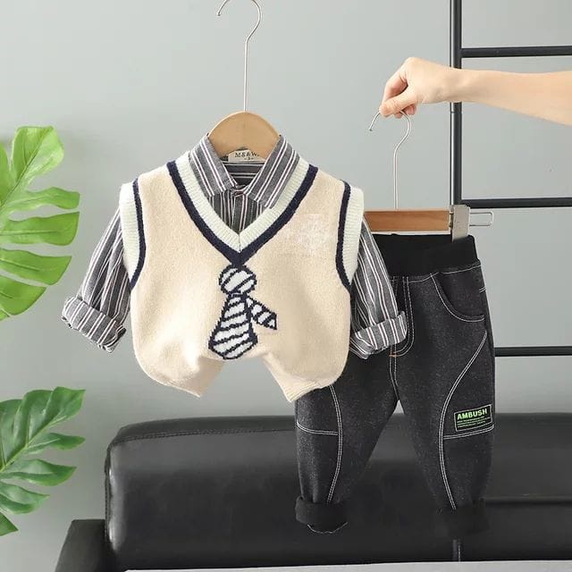 OPTIMUM BOY SET Baju Anak Laki-Laki 3 in1 Kemeja Lengan Panjang Vest Rajut Celana Jeans Panjang Tren
